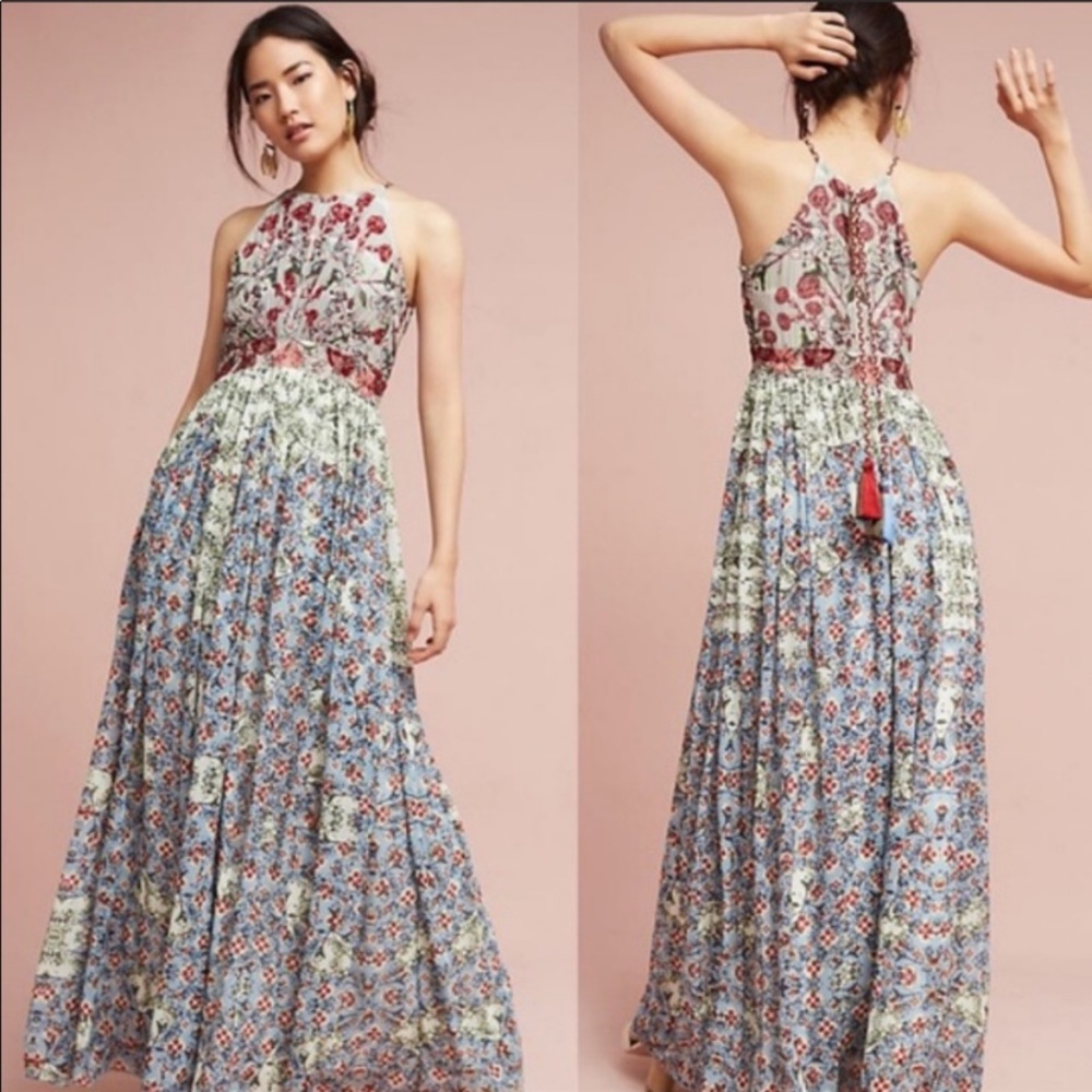 Anthropologie Red and Blue Maxi Dress